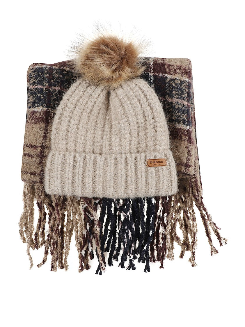 Barbour Beige Knit Beanie With Faux Fur Pom-Pom
