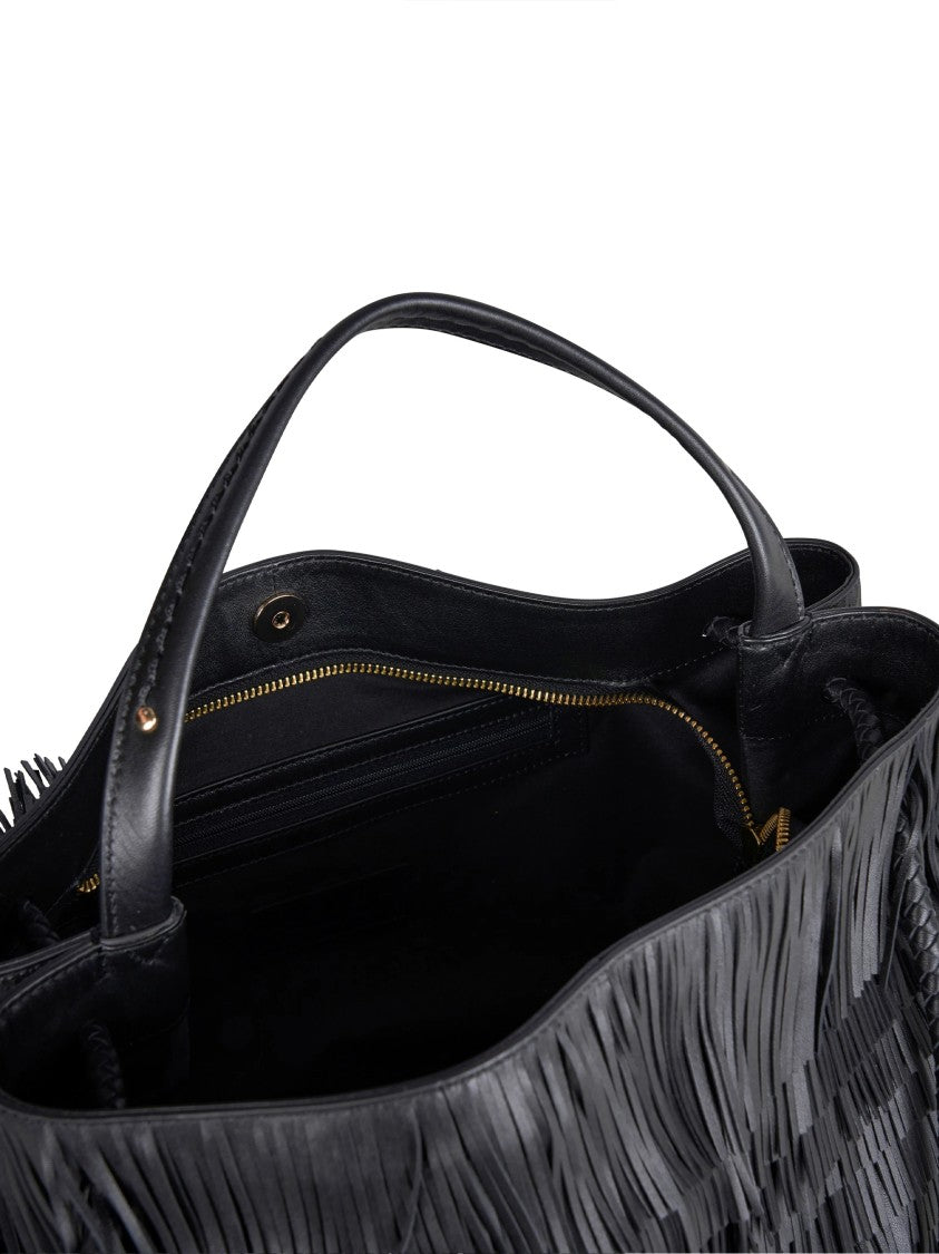 Visona` Fringe-Detail Black Handbag With Braided Strap