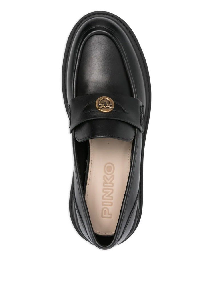 Pinko Black Mia 24 Rounded Toe Lug Sole Leather Loafers