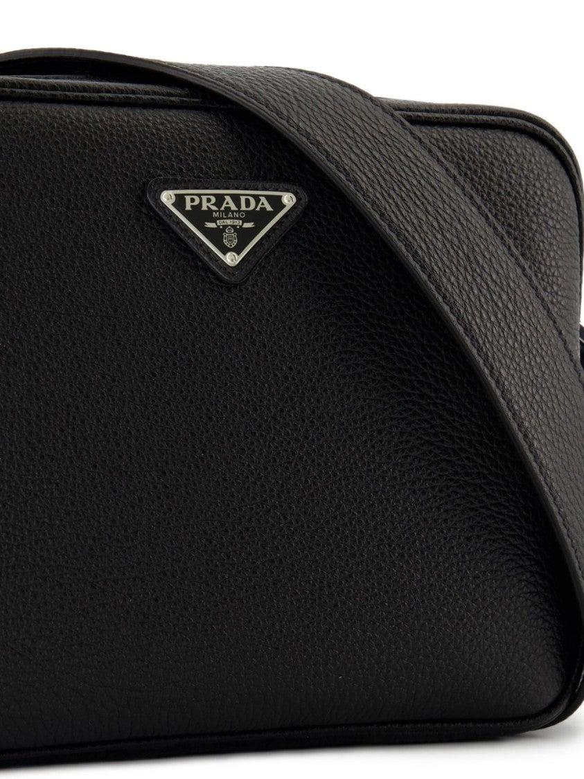Prada Textured Leather Shoulder Bag With Adjustable Strap And Triangle Logo