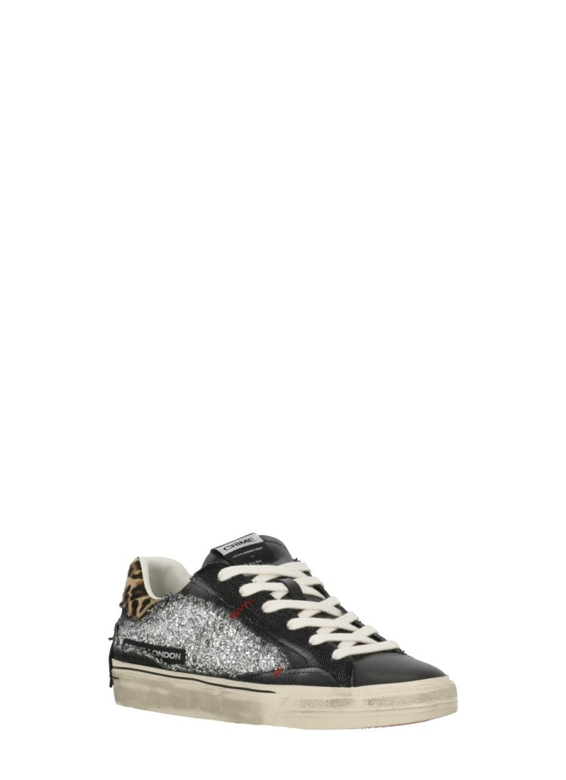 Crime London Black Deconstructed Denim Glitter Leather Sneakers