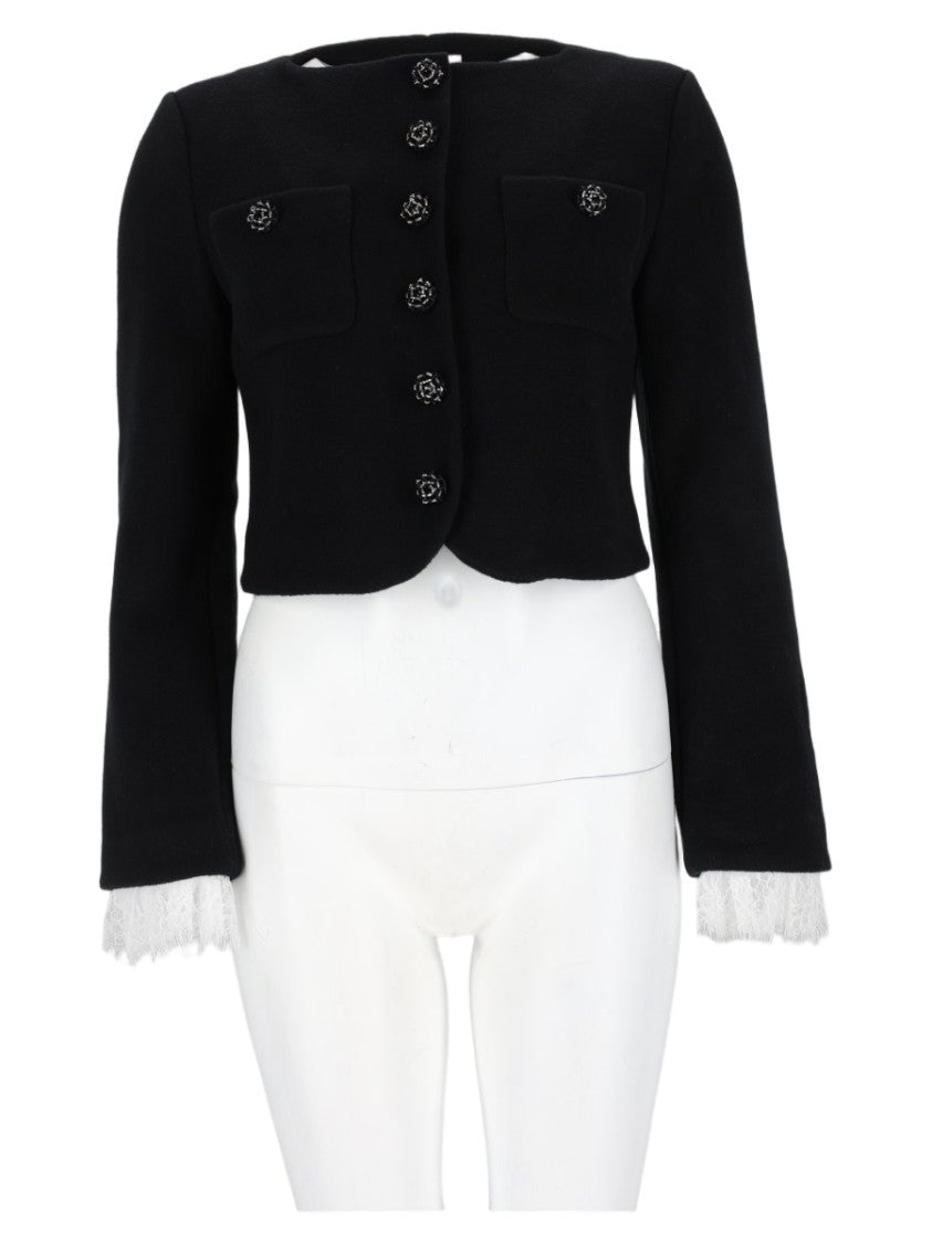 Self-Portrait Cropped Structured Jacket With Lace-Trimmed Cuffs