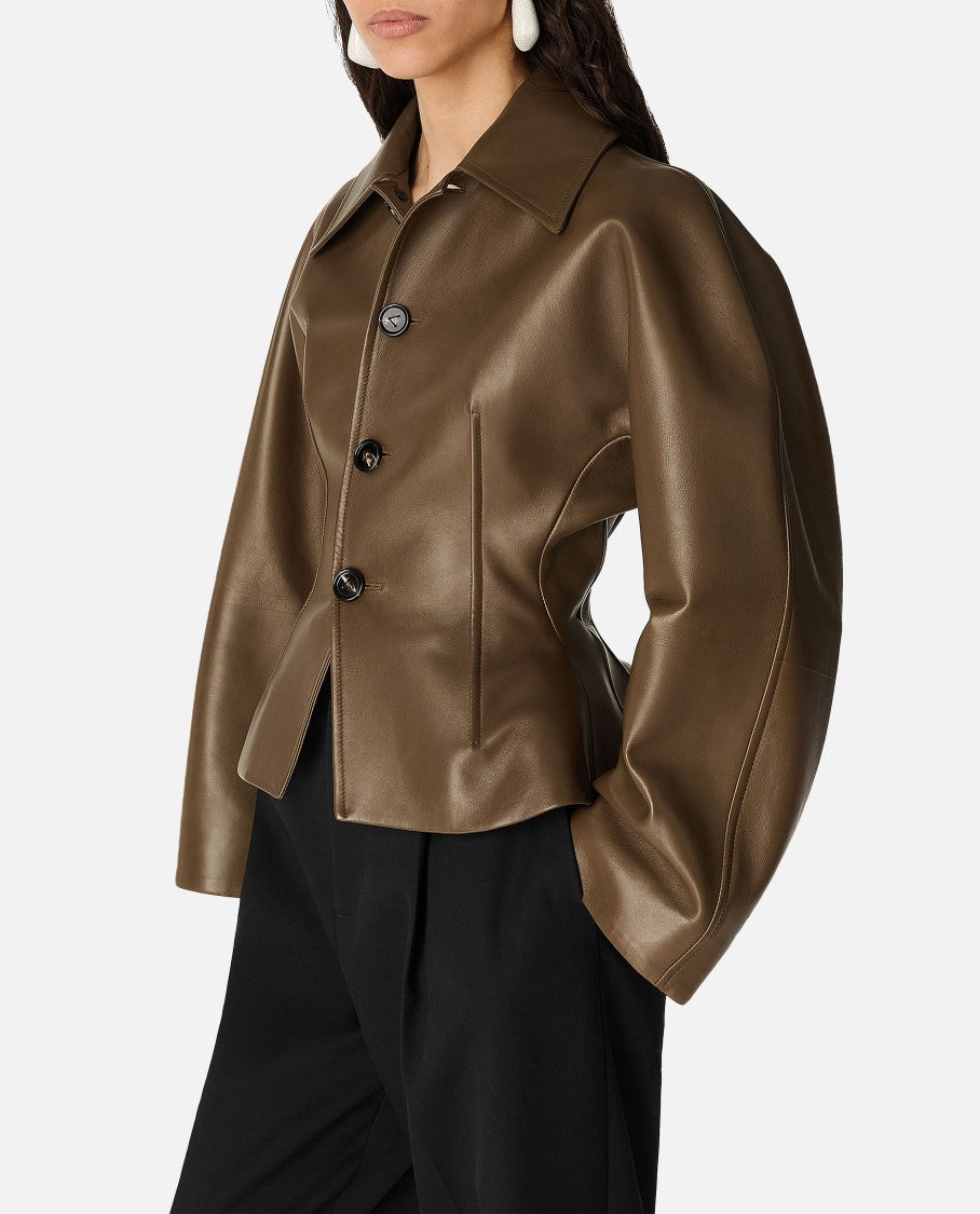 Bottega Veneta Brown Leather Jacket With Classic Collar And Flattering Silhouette