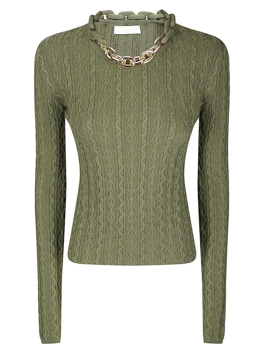 Paco Rabanne Fitted Green Knit Top With Chain Detail