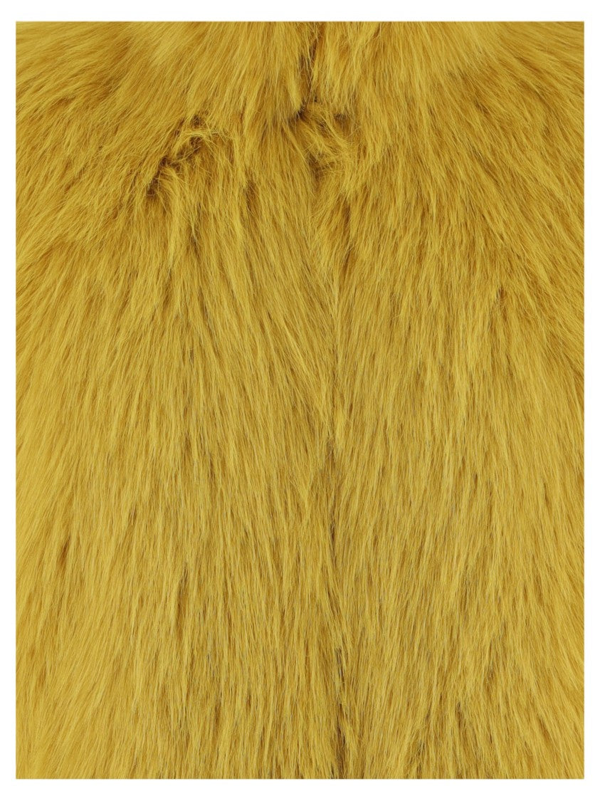 Pinko Cropped Mustard Yellow Faux Fur Jacket With High Neckline
