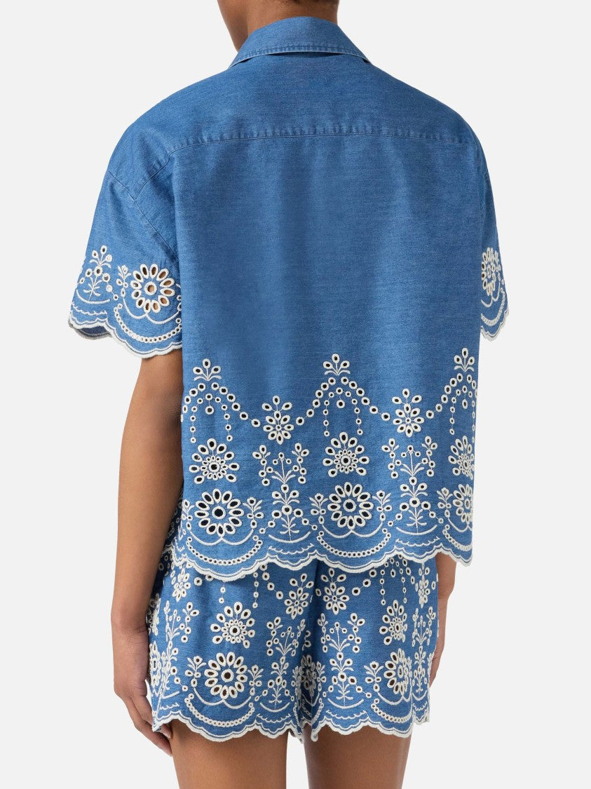 Mc2 Saint Barth Cropped Shirt With Classic Collar And Floral Embroidery
