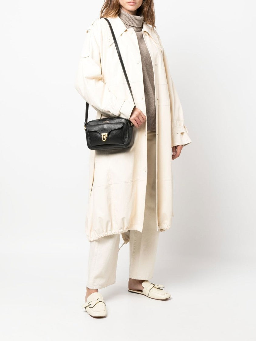 Coccinelle Pebbled Leather Shoulder Bag With Gold Tone Accents