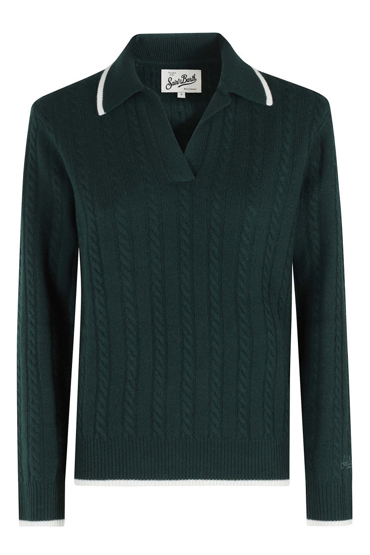 Mc2 Saint Barth Green Long-Sleeved Braid Polo