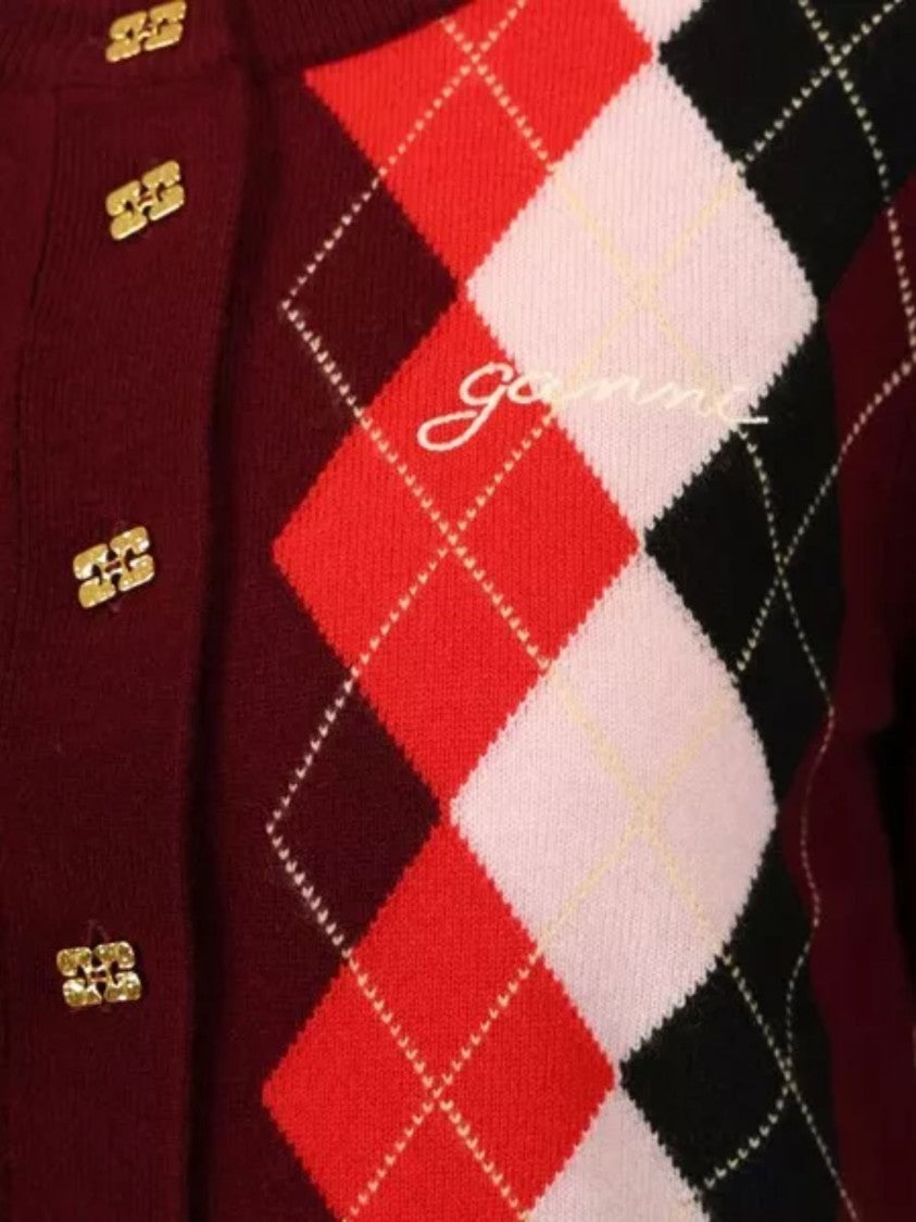 Ganni Burgundy And Multicolor Diamond Knit Cardigan