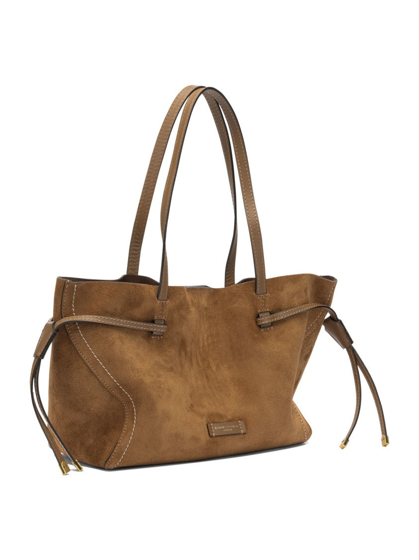 Gianni Chiarini Medium Brown Suede Shoulder Bag With Drawstring Detail