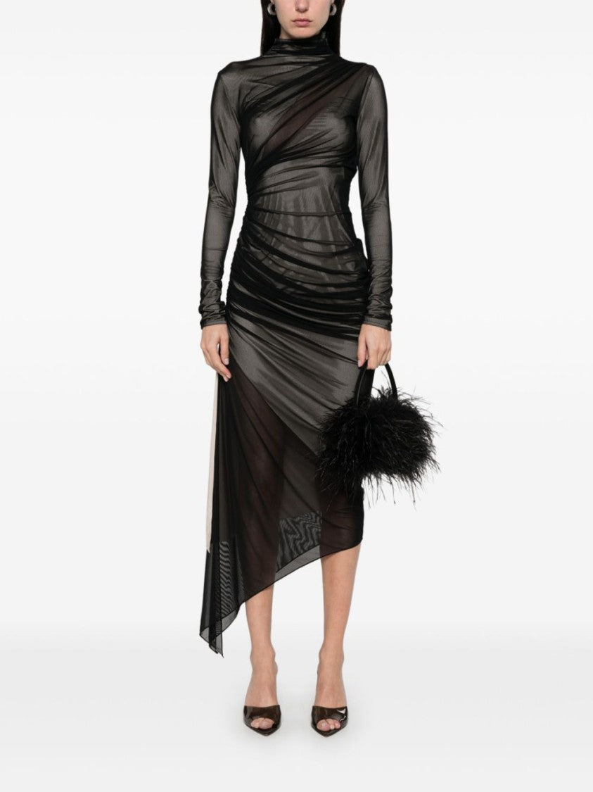 Mugler Black Ruched Draped High Neck Dress