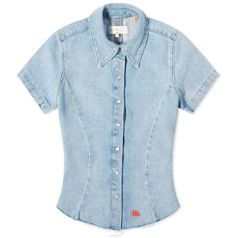 Erl Fitted Short-Sleeve Denim Shirt With Classic Collar And Logo Patch