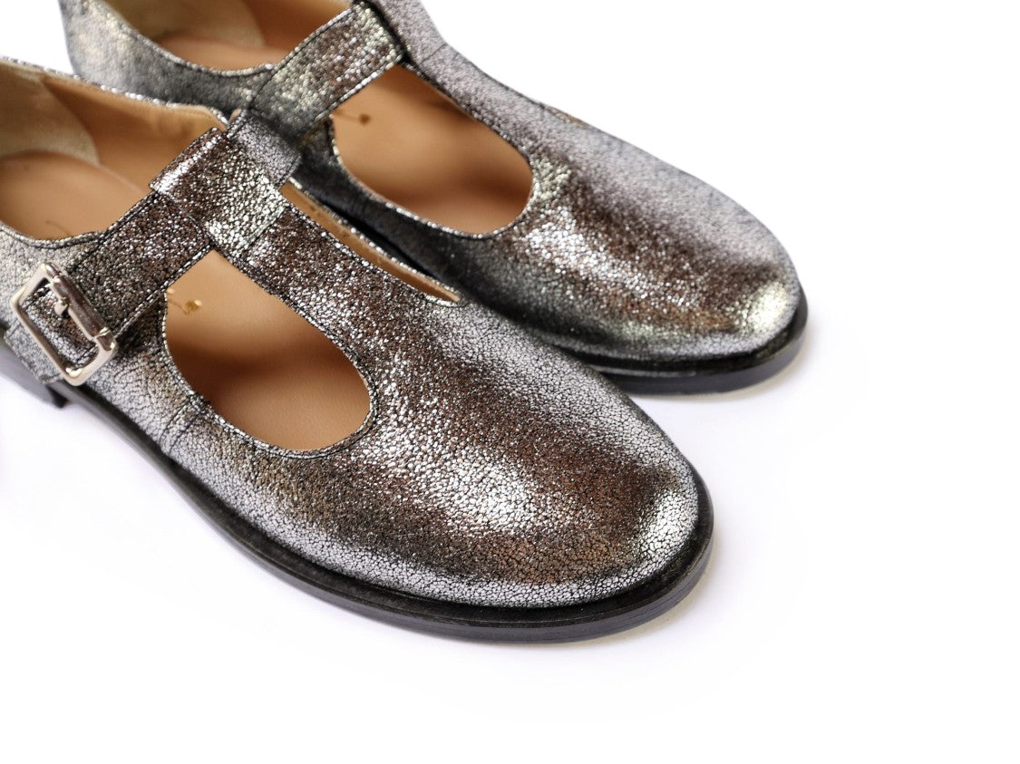 Ton Gout T-Strap Ballerinas With Cracked Metallic Finish
