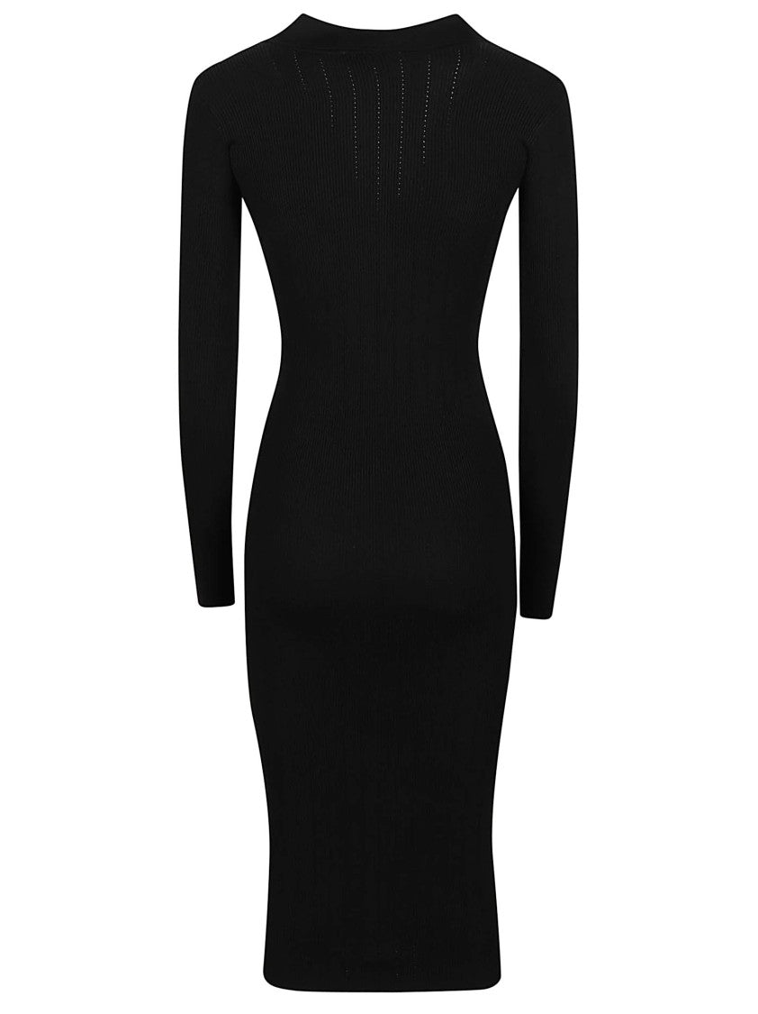 Elisabetta Franchi Fitted Long Sleeve Midi Dress With Deep V-Neck And Emblem Detail