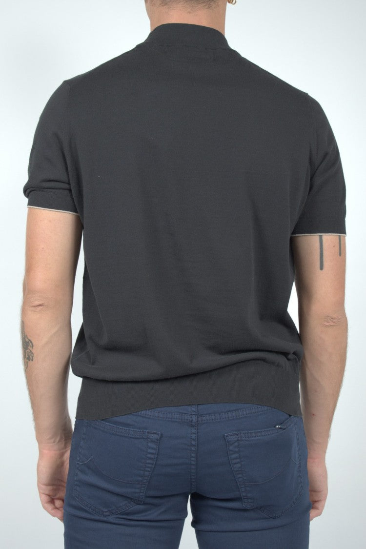 Brunello Cucinelli Charcoal Mock-Neck Short-Sleeve Cotton T-Shirt