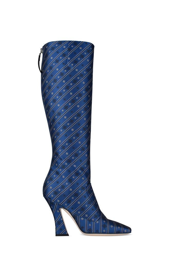 Fendi Royal Blue Knee-High Boots With Calligraphic Embroidery