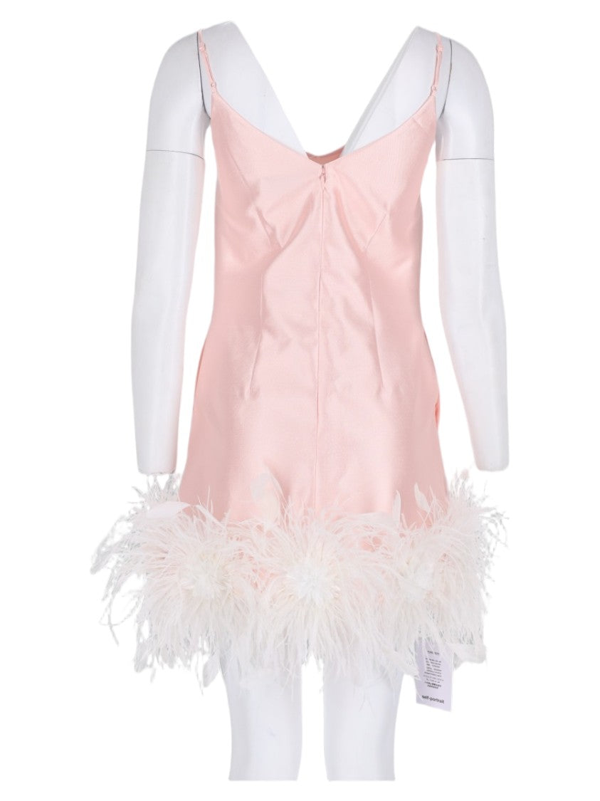 Self-Portrait Pink Feather-Trim Spaghetti-Strap Polyester Mini Dress