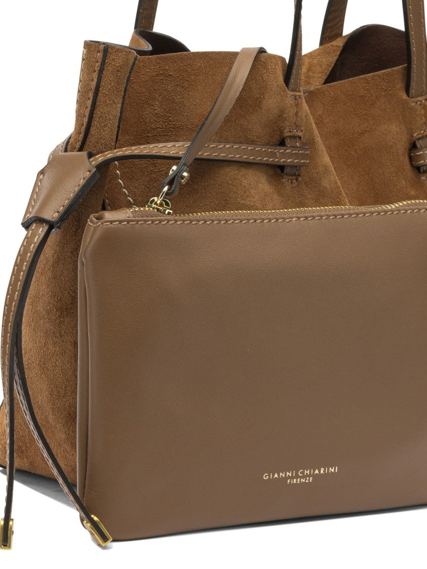 Gianni Chiarini Medium Brown Suede Shoulder Bag With Drawstring Detail