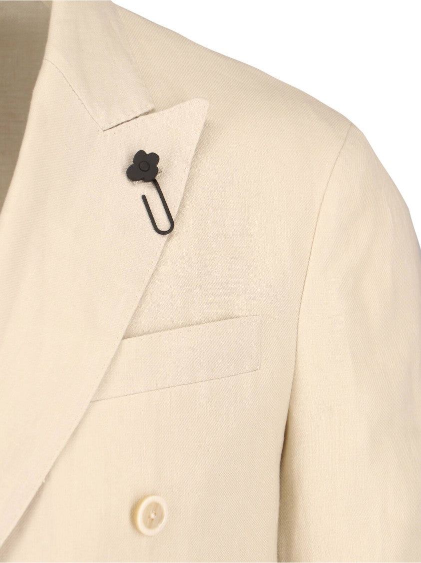Lardini Cream Tailored Double-Breasted Linen Suit