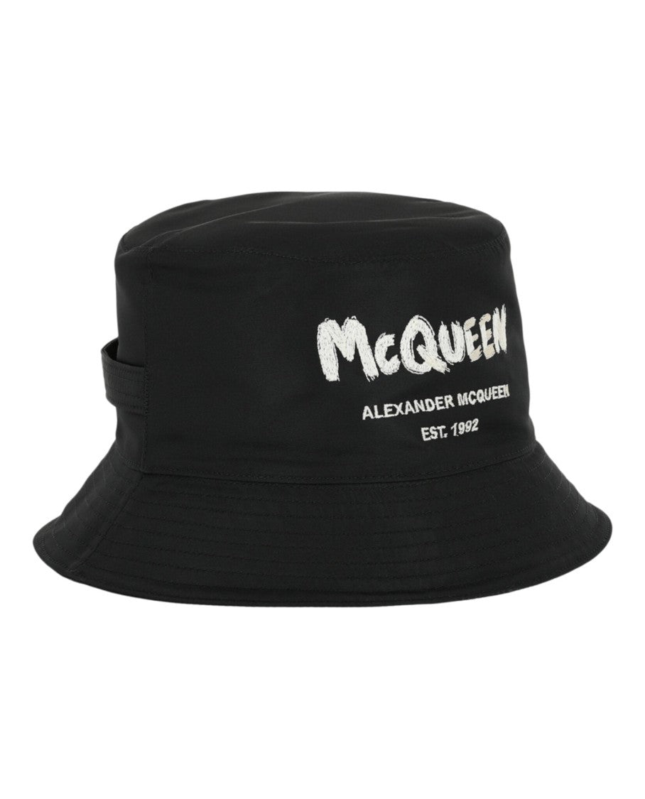 Alexander Mcqueen Black Bucket Hat With Graffiti Embroidered Logo And Snap-Button Accent
