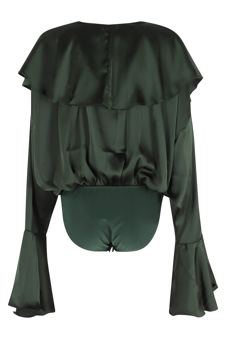 Norma Kamali Green Long Sleeve Deep V Ruffle Flounce Polyester Bodysuit