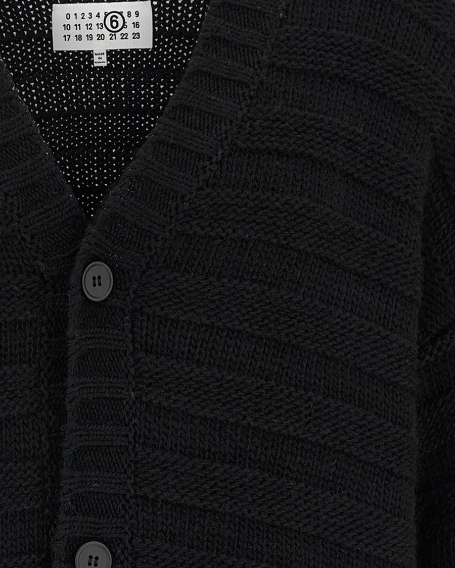 Mm6 By Maison Margiela Destroyed Black Cardigan With V-Neckline And Textured Knit