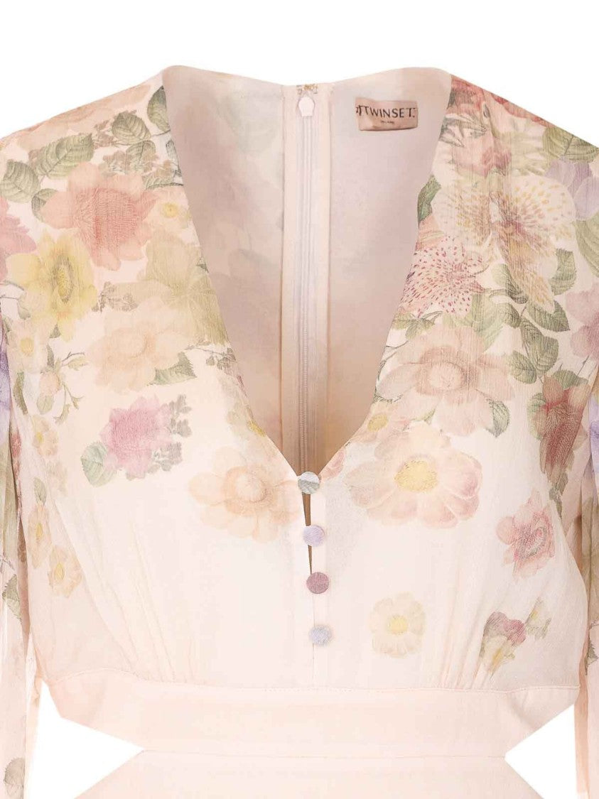Twin-Set Delicate Floral Print Mini Dress With Puff Sleeves