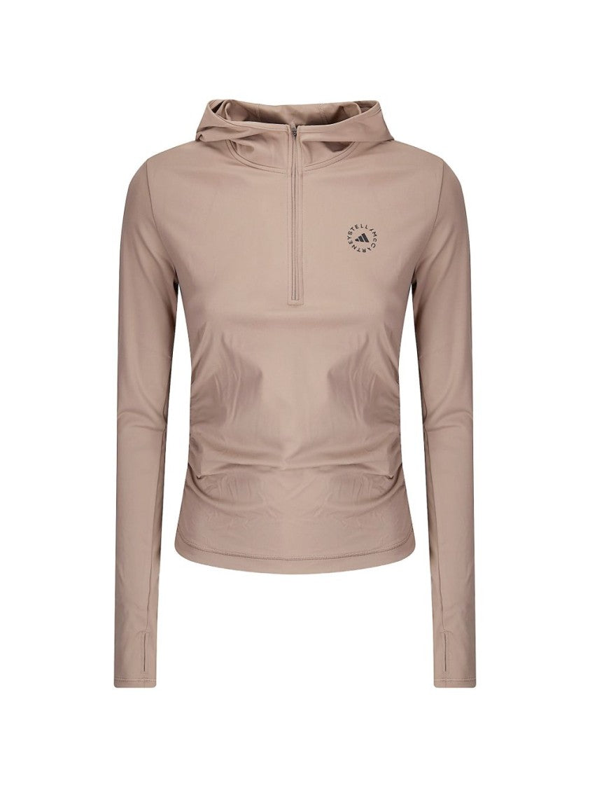 Adidas By Stella Mccartney Hooded Beige Top With Partial Zip And Flared Hem