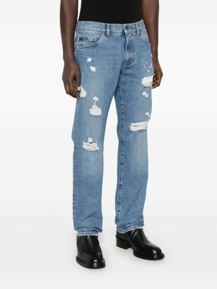Dolce & Gabbana Relaxed Fit Distressed Denim Trousers With Classic Five-Pocket Design