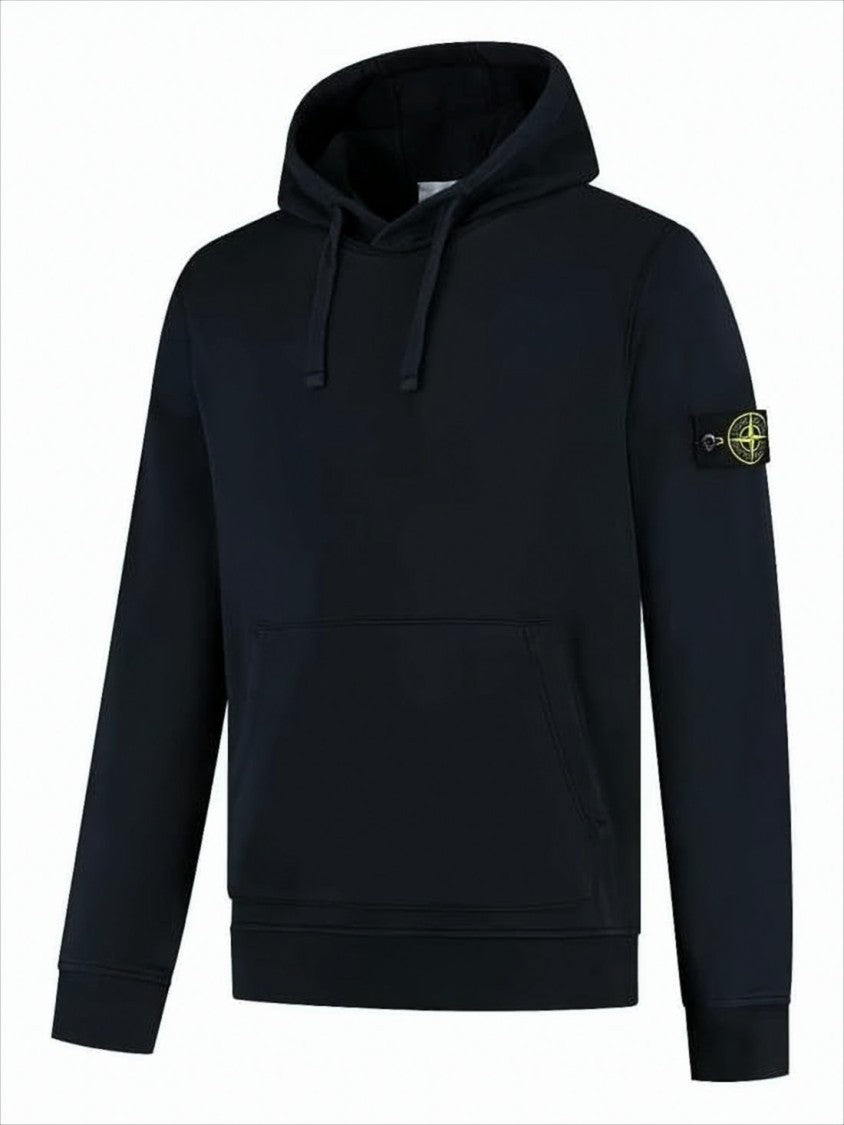 Stone Island Minimalist Black Hoodie With Drawstring And Signature Patch