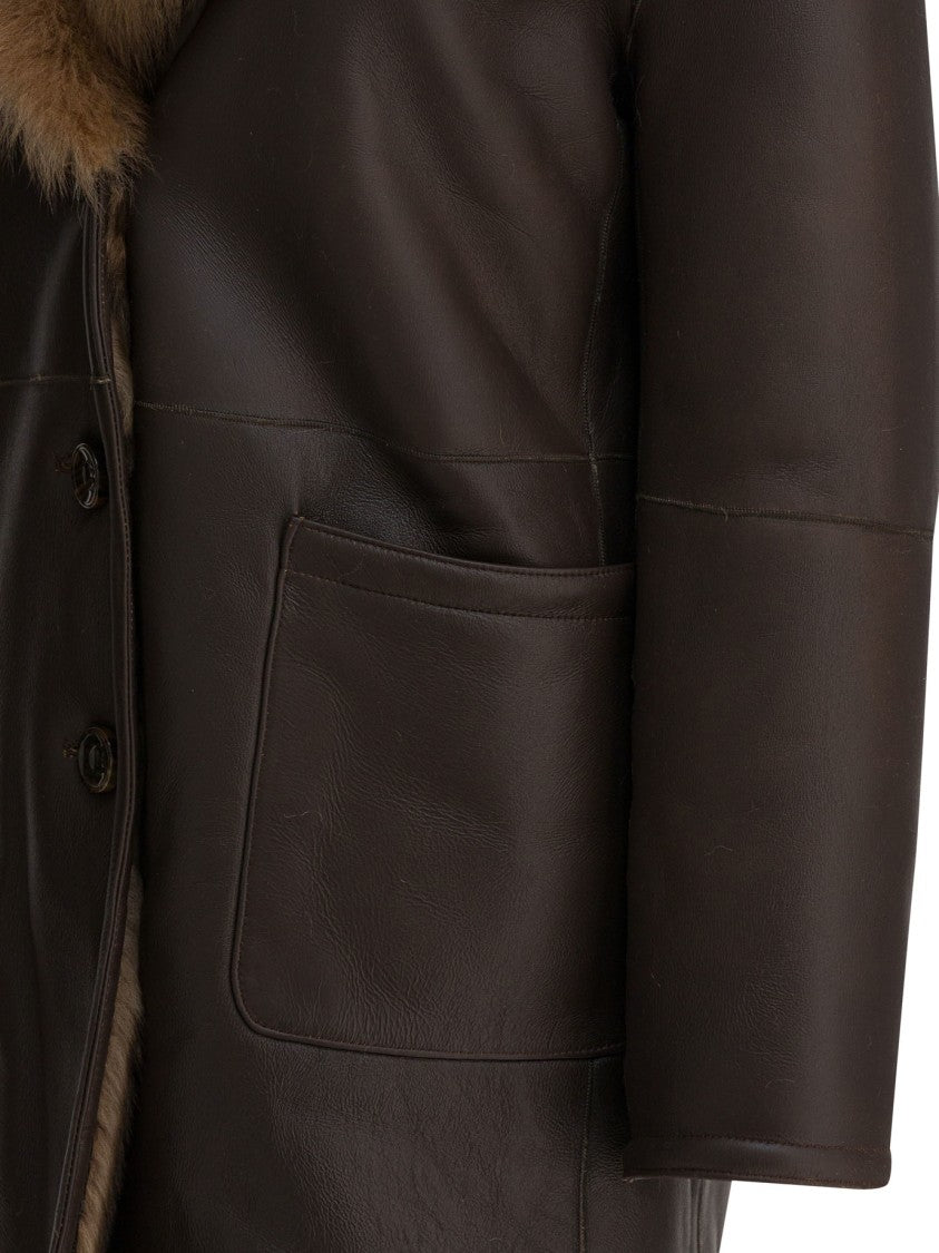 B&W Shearling-Collared Leather Jacket With Button Front