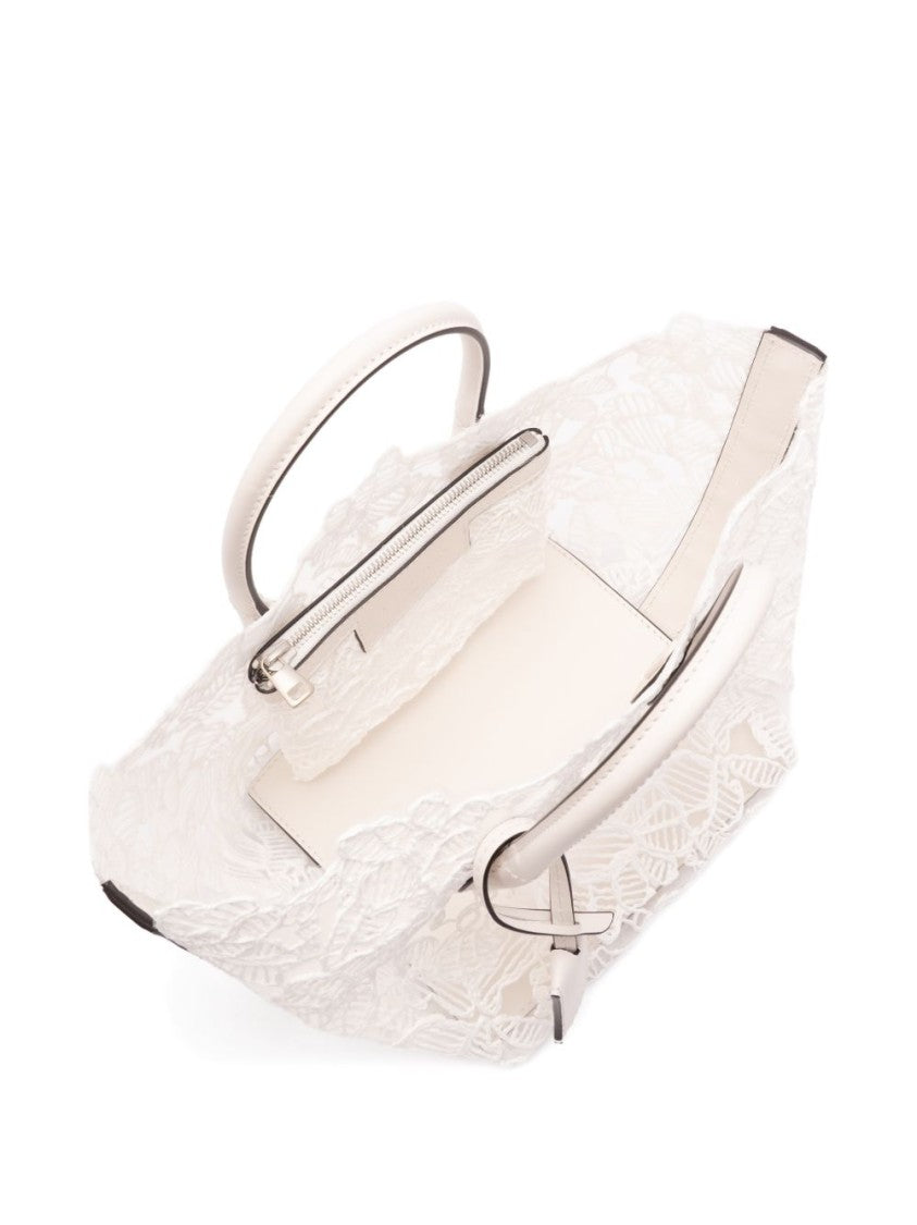 Ermanno Scervino Spacious White Shopper Bag With Lace Overlay And Leather Accents