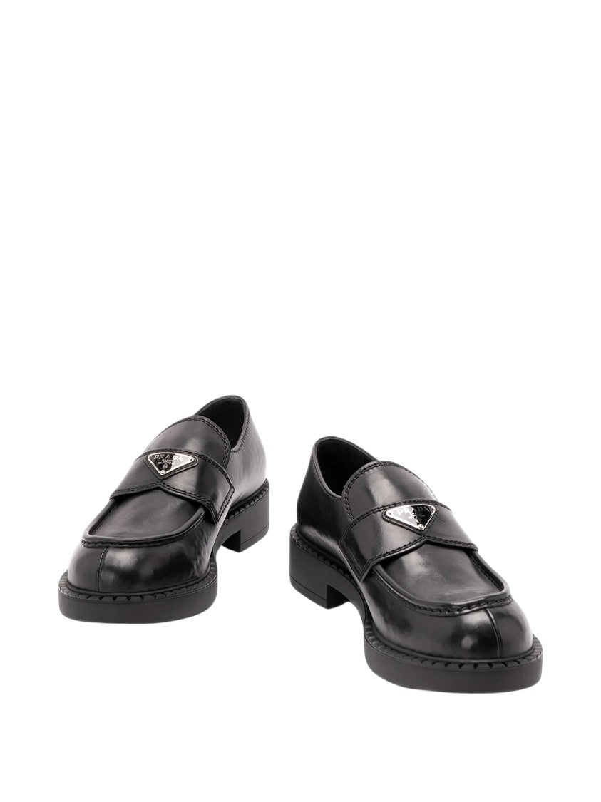 Prada Enamelled Triangle Logo Black Leather Slip-On Shoes