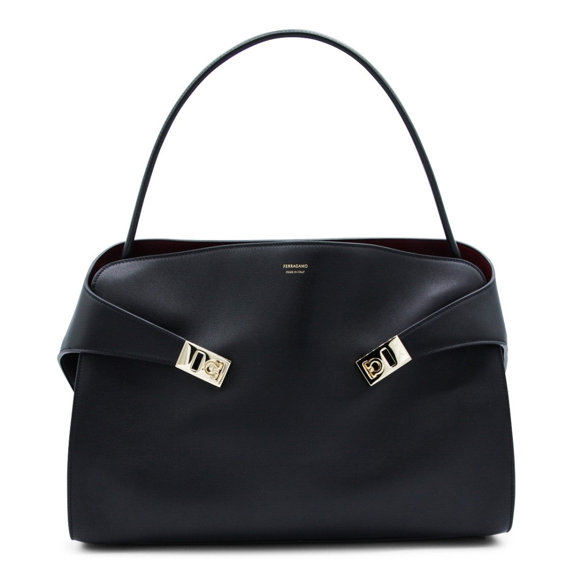 Ferragamo Structured Leather Handbag With Gold Clasps