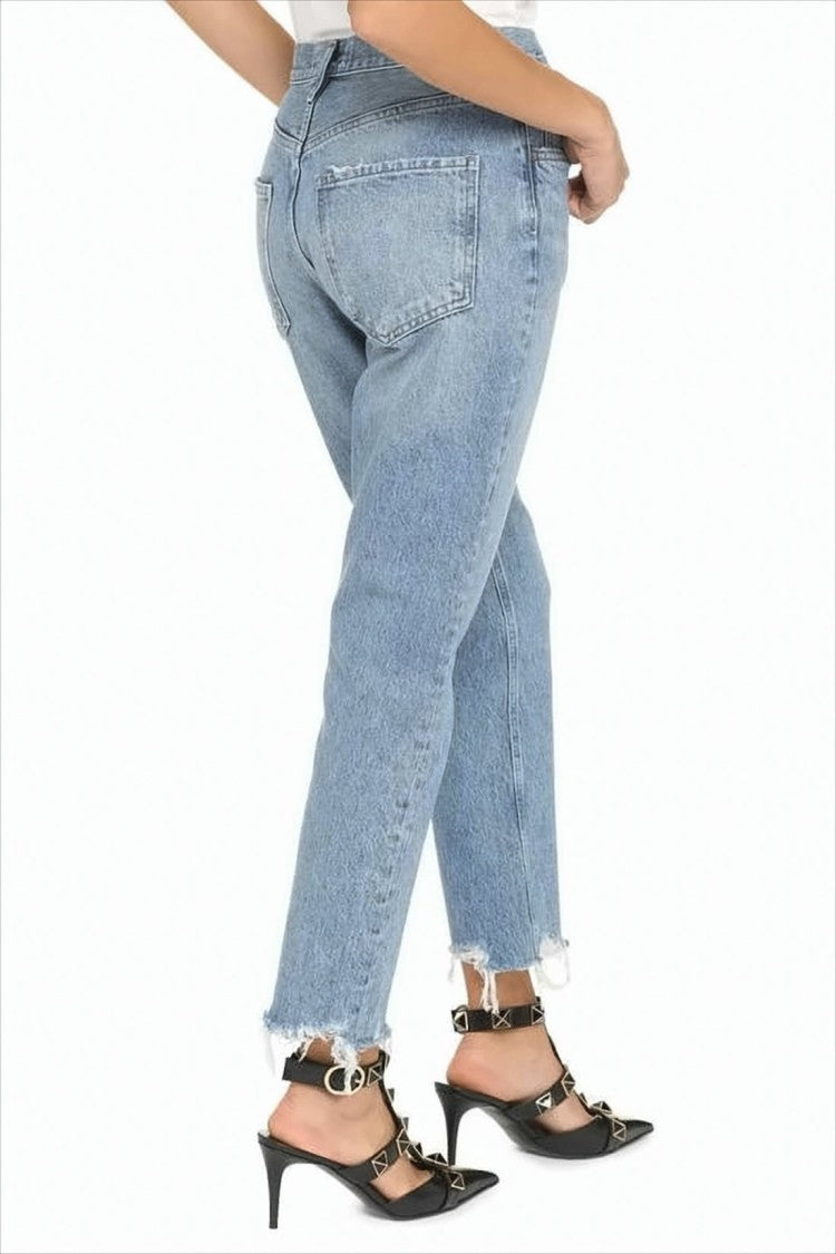 Agolde Light Blue Cropped Denim Pants With Frayed Hem