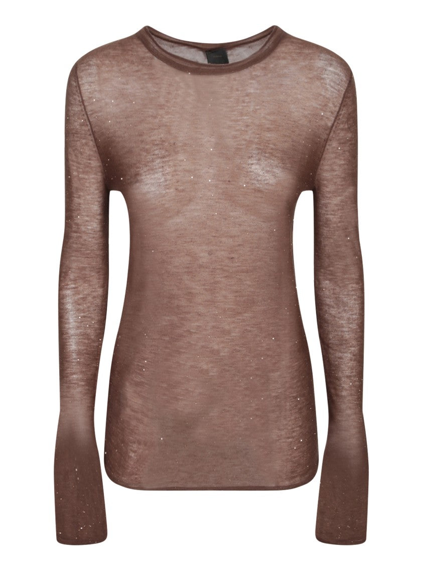 Pinko Semi-Sheer Brown Knitwear With Delicate Embellishments