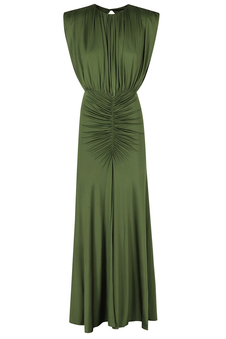 Self-Portrait Green Gathered Padded Straps Viscose Day Dress