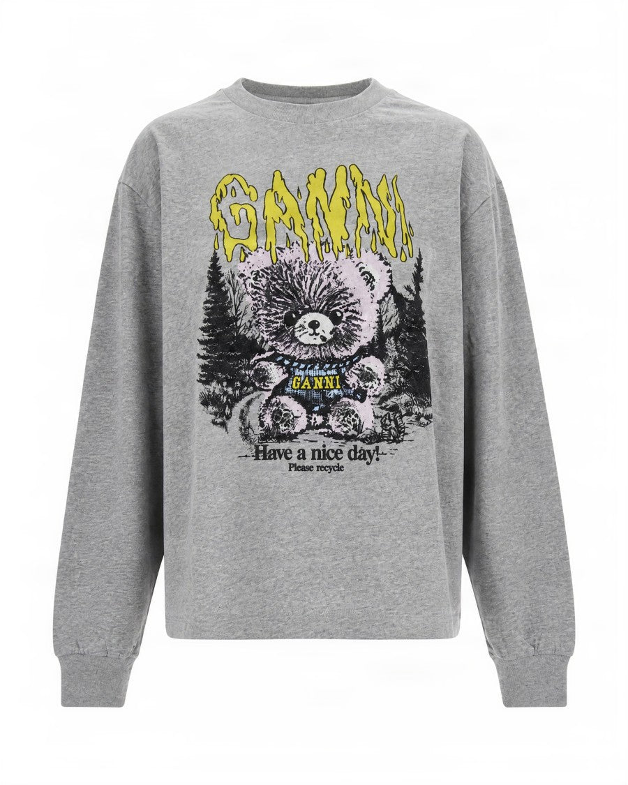 Ganni Heather Grey Graphic Print Cotton T-Shirt