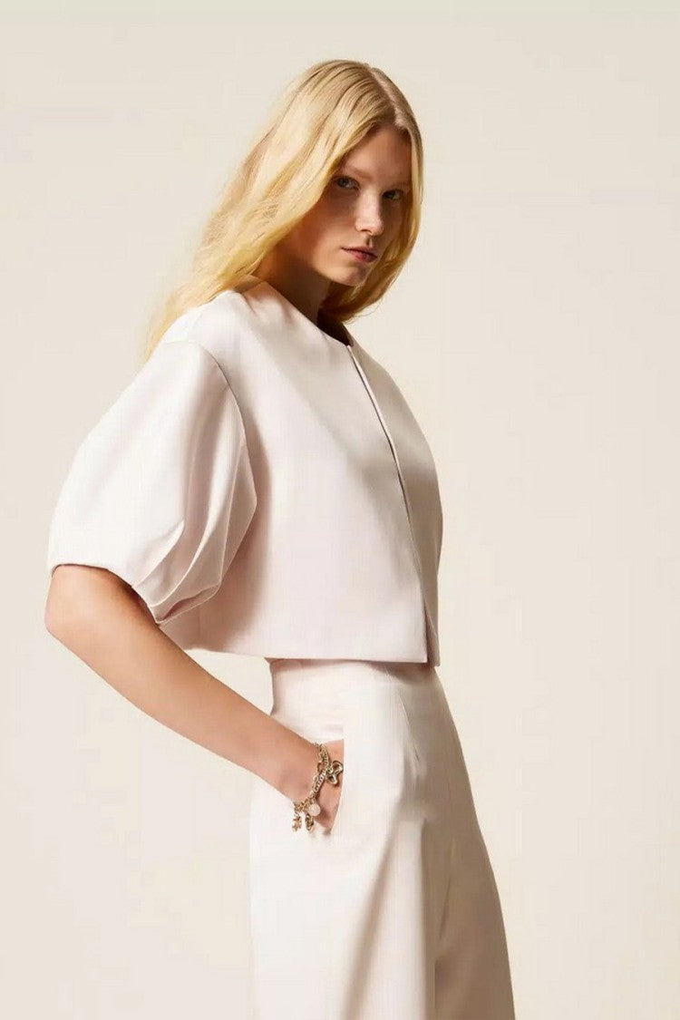 Twin-Set Sand Polyester-Viscose Cropped Balloon-Sleeve Jacket
