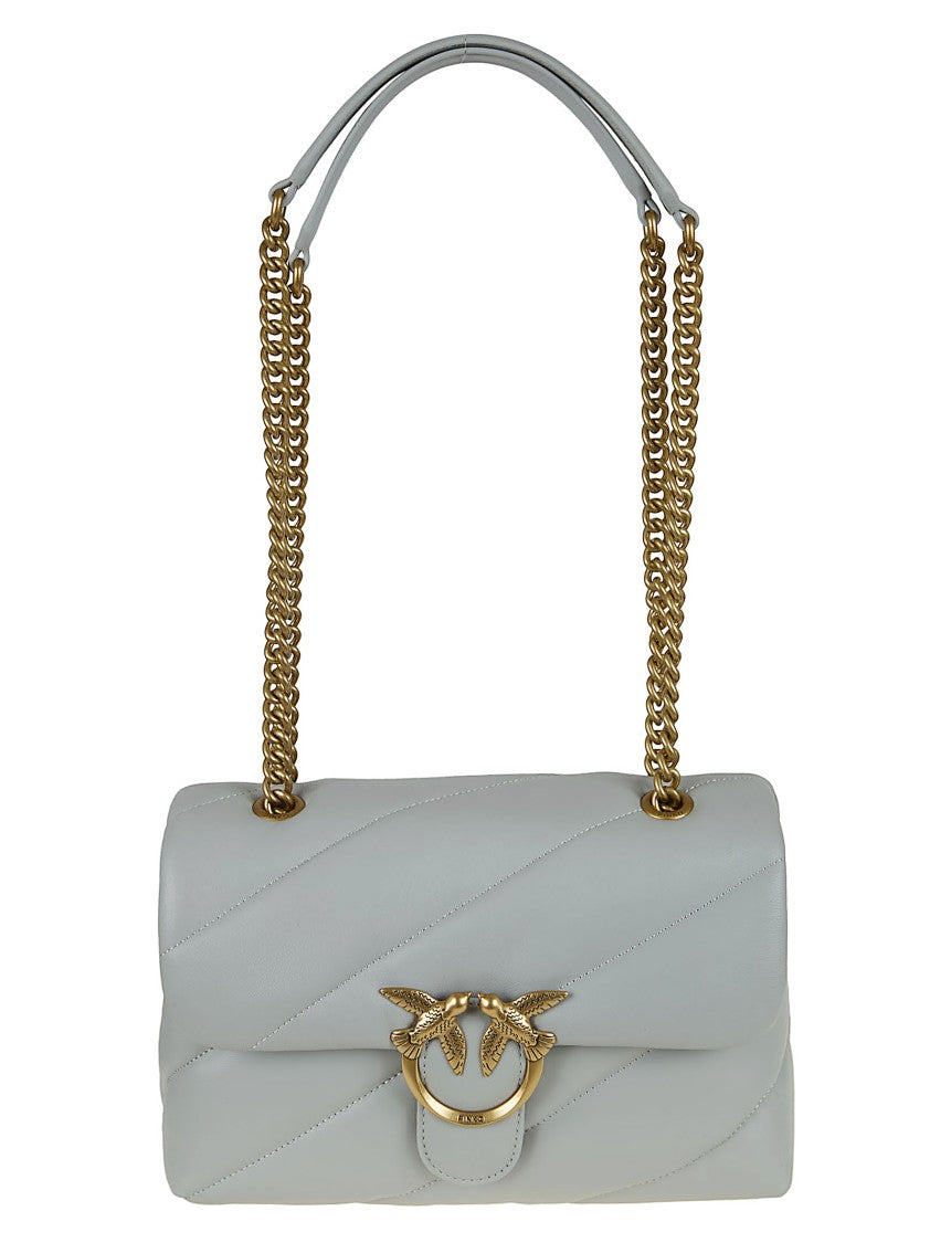 Pinko Quilted Grey Calfskin Shoulder Bag With Logo Buckle