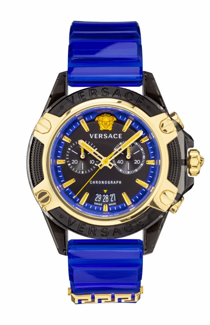 Versace Bold 44 Mm Chronograph Watch With Blue Resin Strap