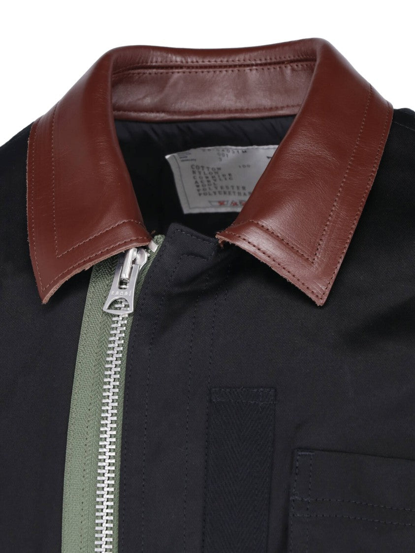 Sacai Black Cotton Leather Collar Jacket