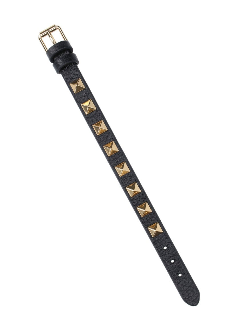 Valentino Garavani Rockstud Black Leather Bracelet With Gold Metal Studs