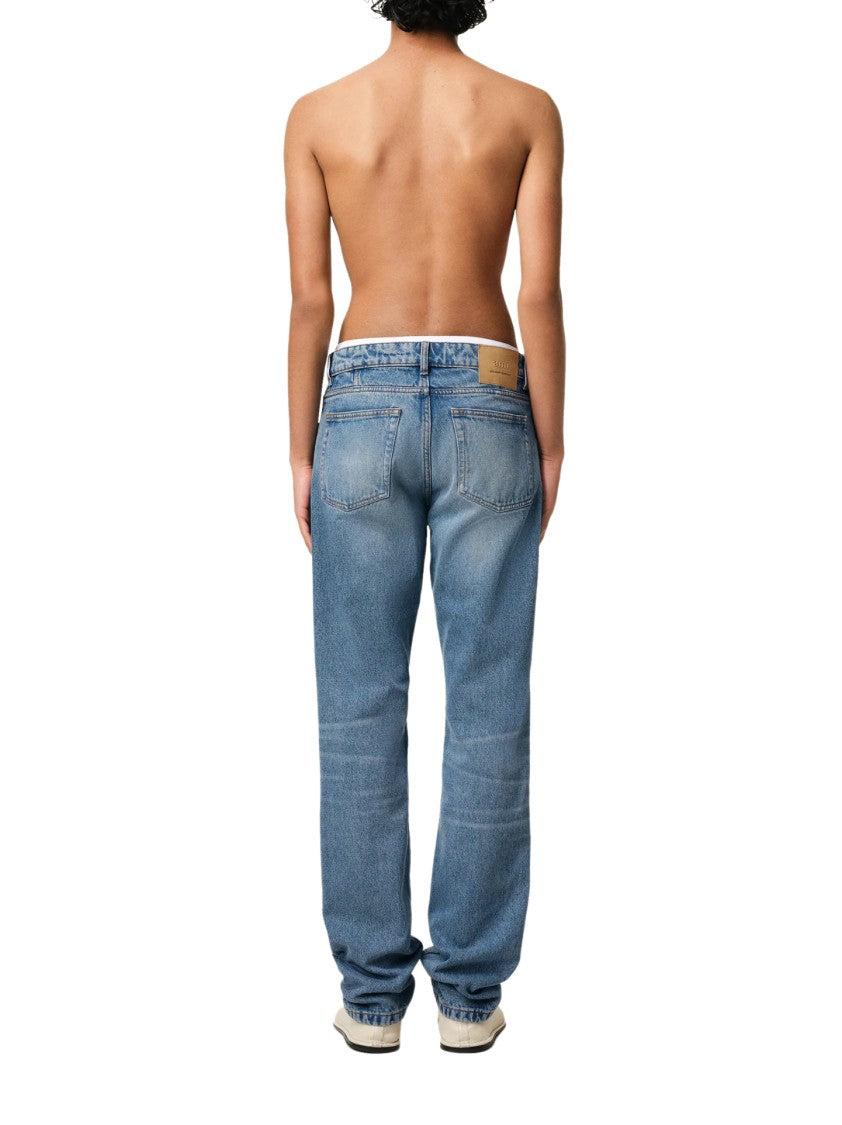 Ami Straight-Leg Denim Jeans With Faded Blue Wash And Leather Accent