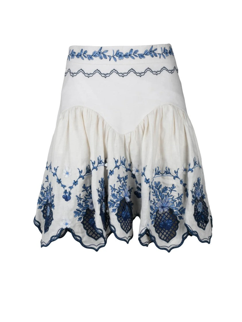 Agua By Agua Bendita White Flared Floral Embroidered Linen Mini Skirt