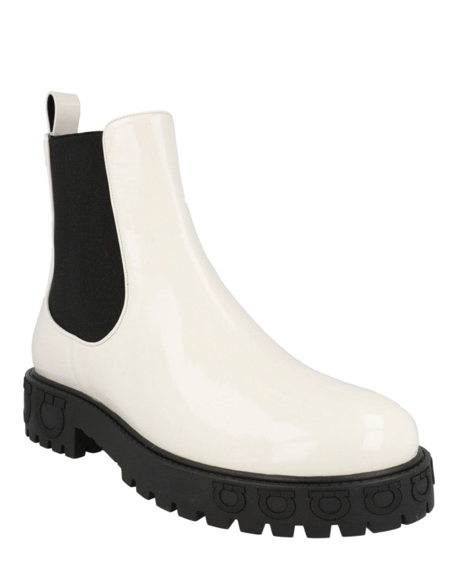 Ferragamo Varsi Patent Leather Bootie With Block Heel And Studded Accent