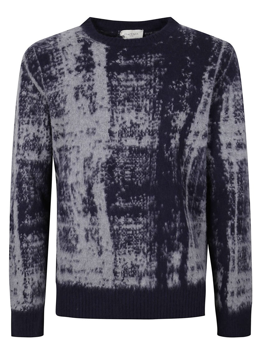 Piacenza Cashmere Textured Abstract Blue Sweater With Crew Neckline