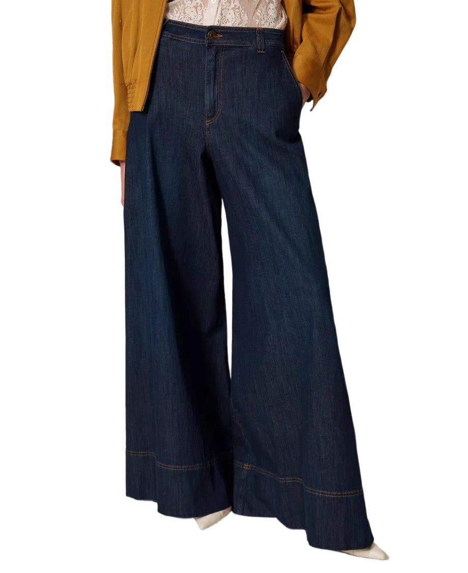 Twin-Set Dark Stretch Cotton Denim Palazzo-Style Jeans