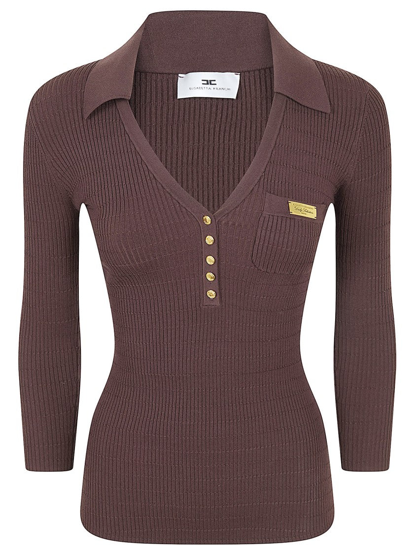 Elisabetta Franchi Textured Knit Polo Shirt With V-Neck And Signature Detailing