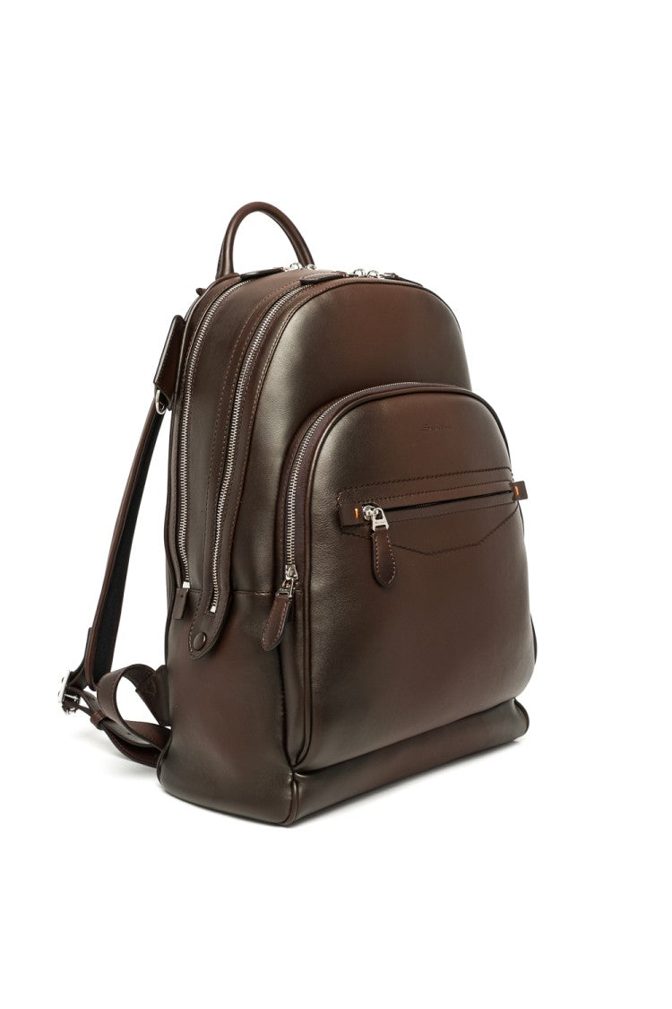 Santoni Artisanal Brown Leather Backpack With Dual Compartments